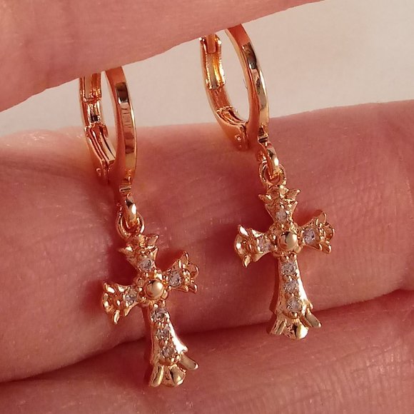 Jewelry - 18K Yellow Gold Filled Flower Cross Diamond Zircon Dangle Earrings Party Gift